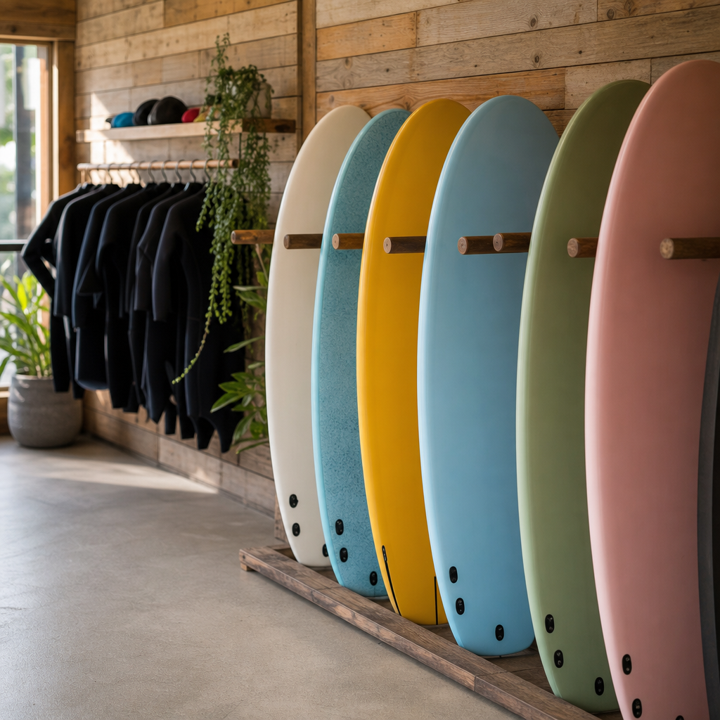 Rack de tablas softboard de colores y neoprenos colgados en pared de madera