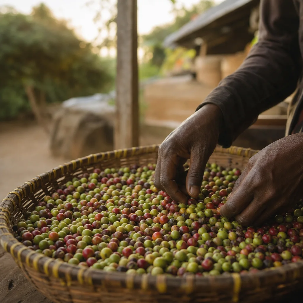 Café colombiano recién cosechado con granos verdes y rojos mezclados en bandeja de mimbre siendo seleccionados a mano bajo luz de tarde
