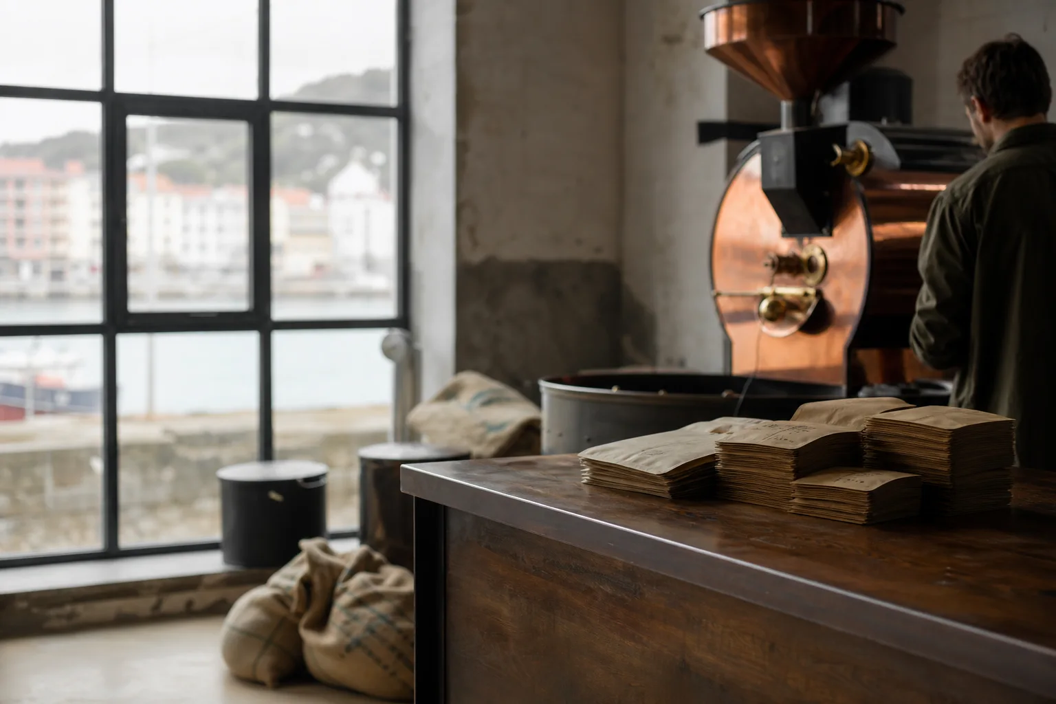 Mostrador de la tostadora en Lekeitio con bolsas de café kraft apiladas y tambor de tueste de cobre al fondo bajo luz natural