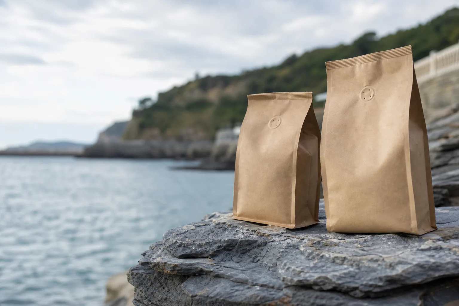 Dos bolsas kraft de Tostado Lekeitio sobre piedra arenisca gris azulada junto al mar con luz de ría vasca