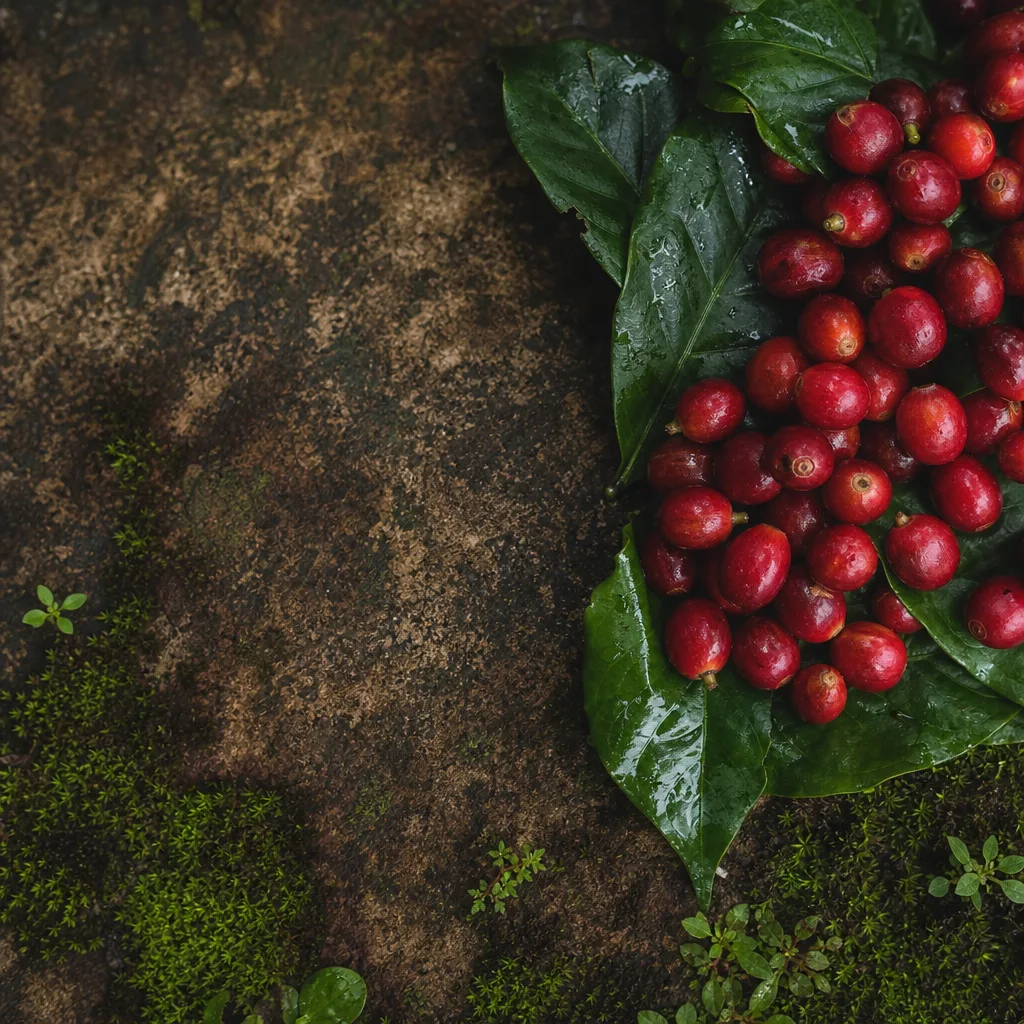 Cerezas de café etíope maduras de color rojo intenso sobre hojas húmedas vistas desde arriba