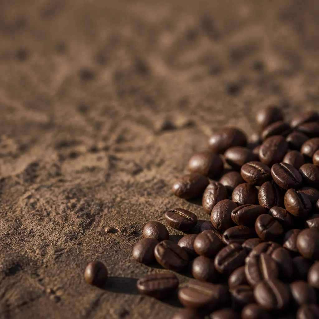 Granos de café tostados sobre una superficie terrosa con sombras marcadas