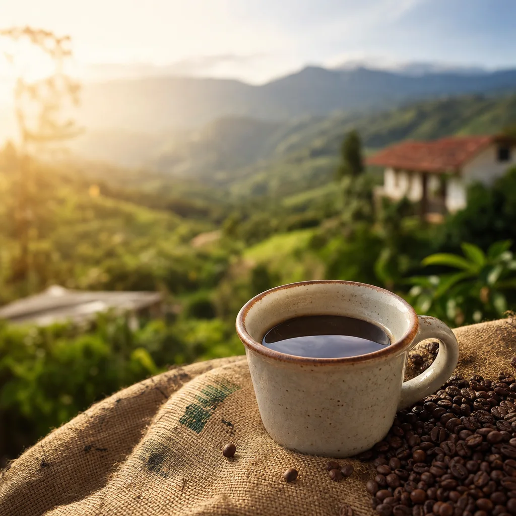Café servido en una taza cerámica junto a sacos de yute en una finca de montaña