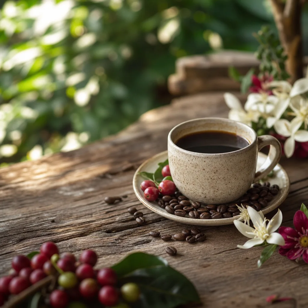 Taza de café filtrado junto a granos y cerezas de café de Etiopía