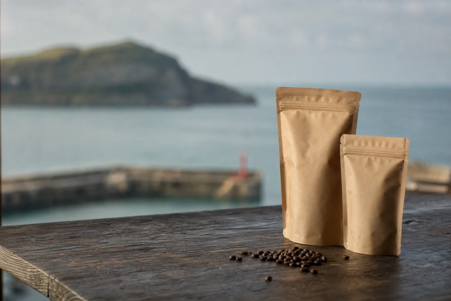 Bolsas de café de Tostado Lekeitio sobre una mesa de madera con la costa vasca al fondo